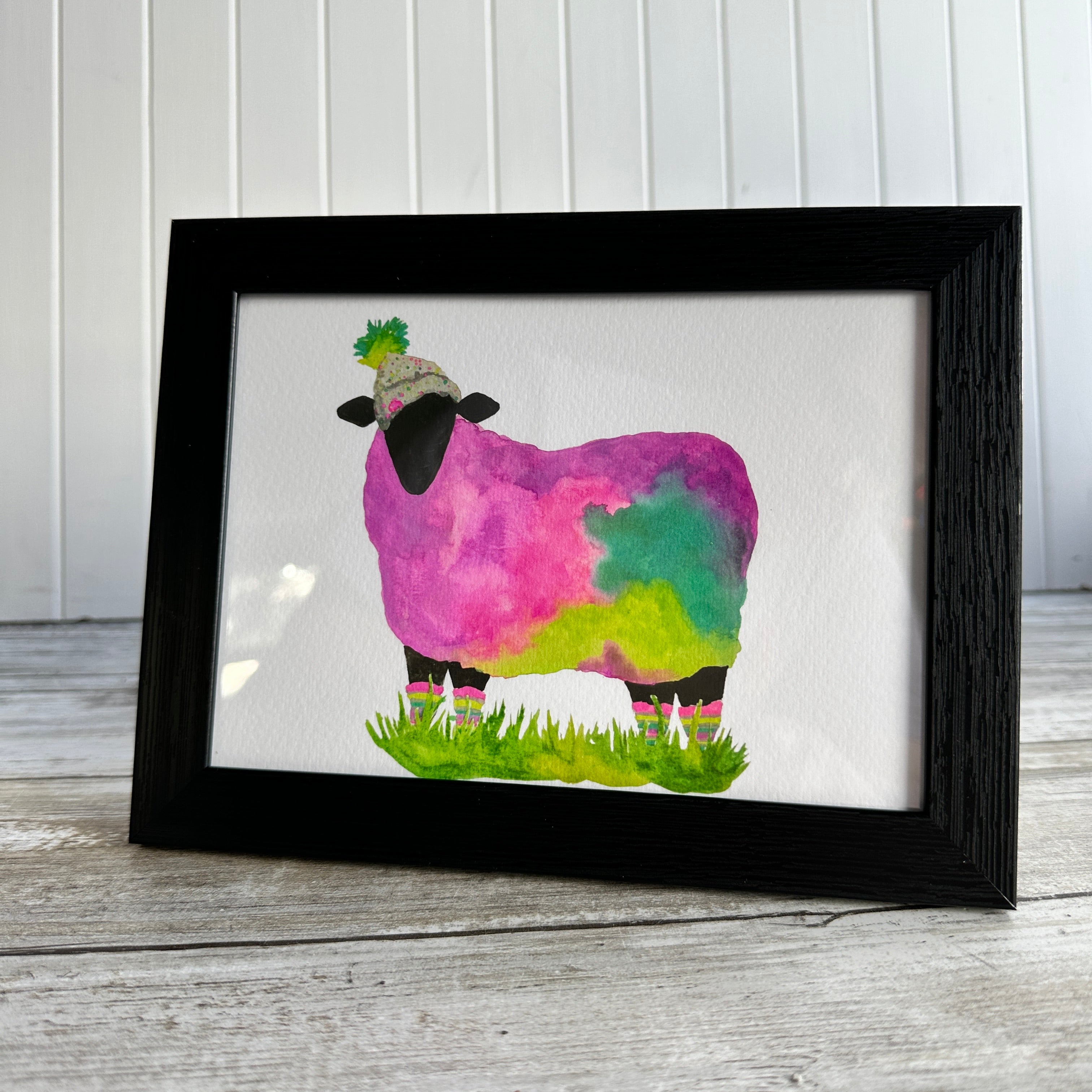 Watercolor Single Sheep Print in Frame